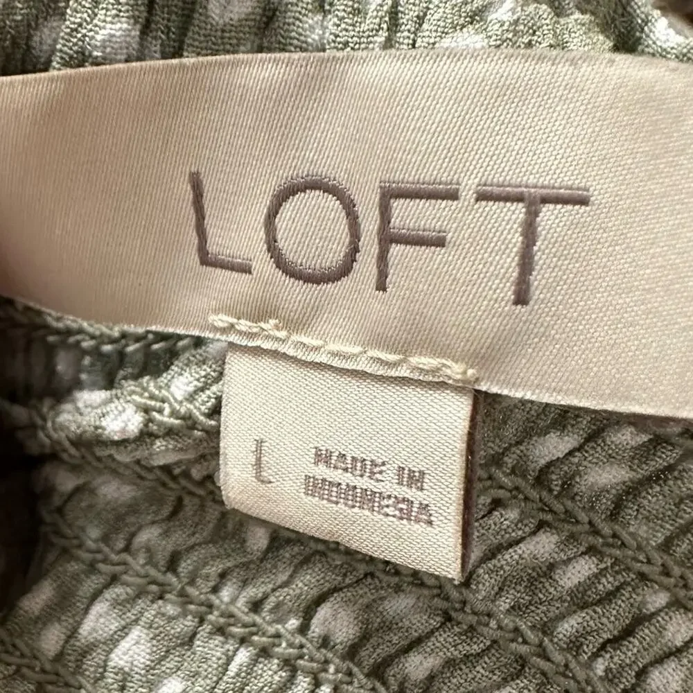 LOFT Smocked Blouse Womens L Olive Polka Dot Cottage Puff Sleeve Square Neck